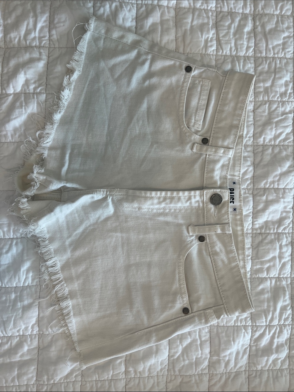 PAIGE White Frayed Hem Denim Shorts